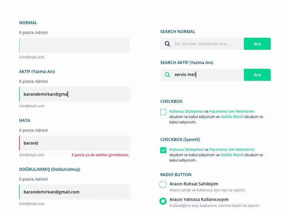 Form components from the design system document: text fields in normal, active, error and verified states, a search field with a green Ara button, checkboxes with and without a check, and radio buttons. Labels are in Turkish.