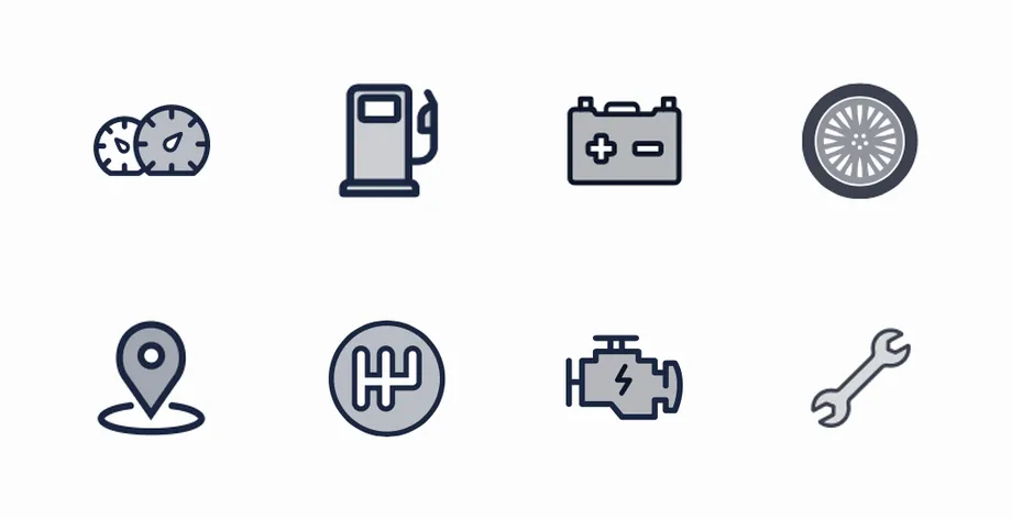 Car and driving icons in navy and gray: gauges, a fuel pump, a battery, a wheel, a location pin, a gearbox, an engine and a wrench.