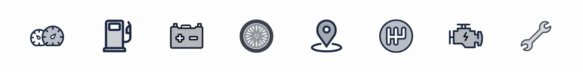 Car and driving icons in navy and gray in one row: gauges, a fuel pump, a battery, a wheel, a location pin, a gearbox, an engine and a wrench.
