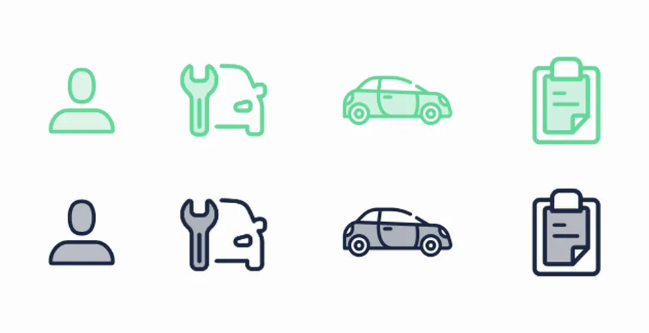 Four icons shown twice, as a green outline set on top and a navy filled set below: a person, a wrench beside a car, a car, and a clipboard.