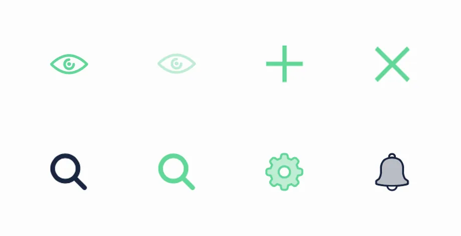 Small interface icons: an eye and a faded eye, a plus, a close cross, a navy and a green magnifying glass, a green gear and a gray bell.