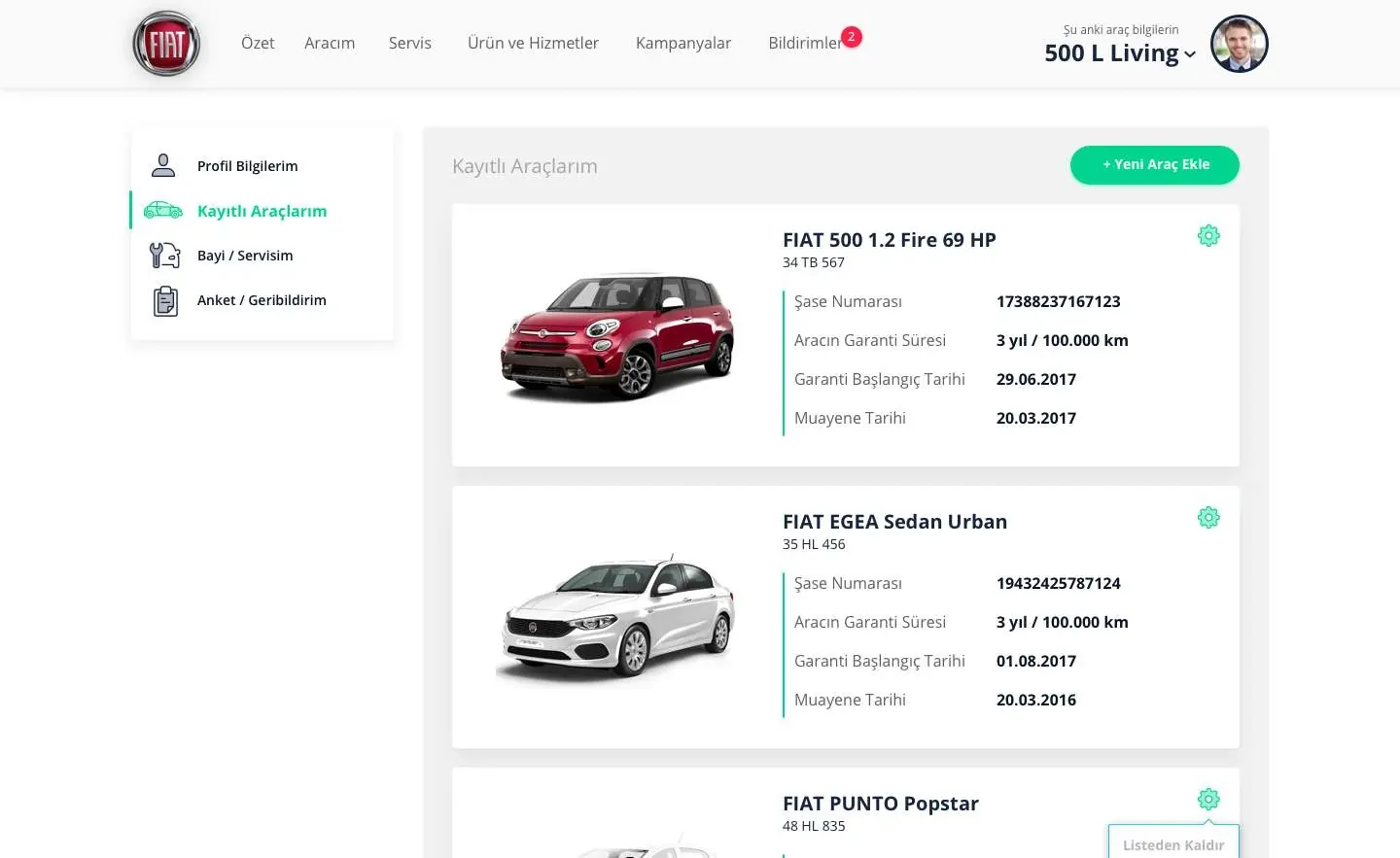MyFiat vehicle list on desktop