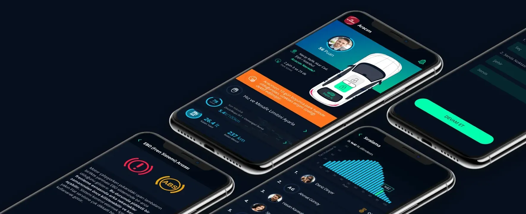 Screens of the dark Fiat Yol Arkadaşım mobile app