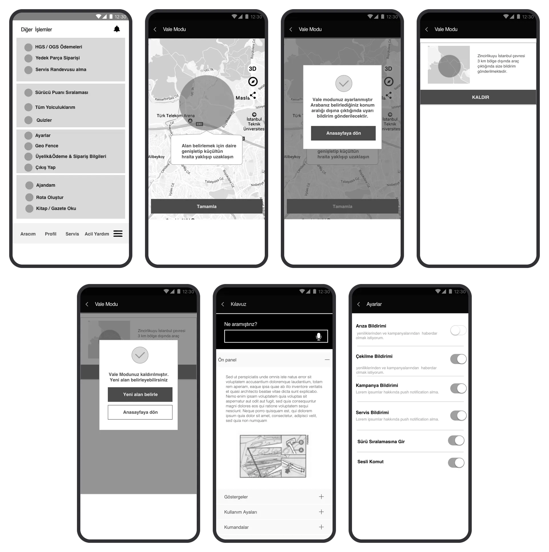 Seven grayscale wireframe screens of the Fiat app, each in the same plain phone frame, in two rows. First row: the Diğer İşlemler (more actions) menu, then the Vale Modu flow: a map with a circle for setting the area, a confirmation dialog that Vale mode is set, and the active-area card with a KALDIR (remove) button. Second row: the dialog saying Vale mode was removed, the Kılavuz (manual) screen with a search field and collapsible sections, and the Ayarlar (settings) screen with notification toggles. All text is in Turkish.