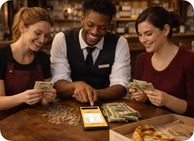 Three hospitality colleagues around a bar table, counting tips next to a phone.