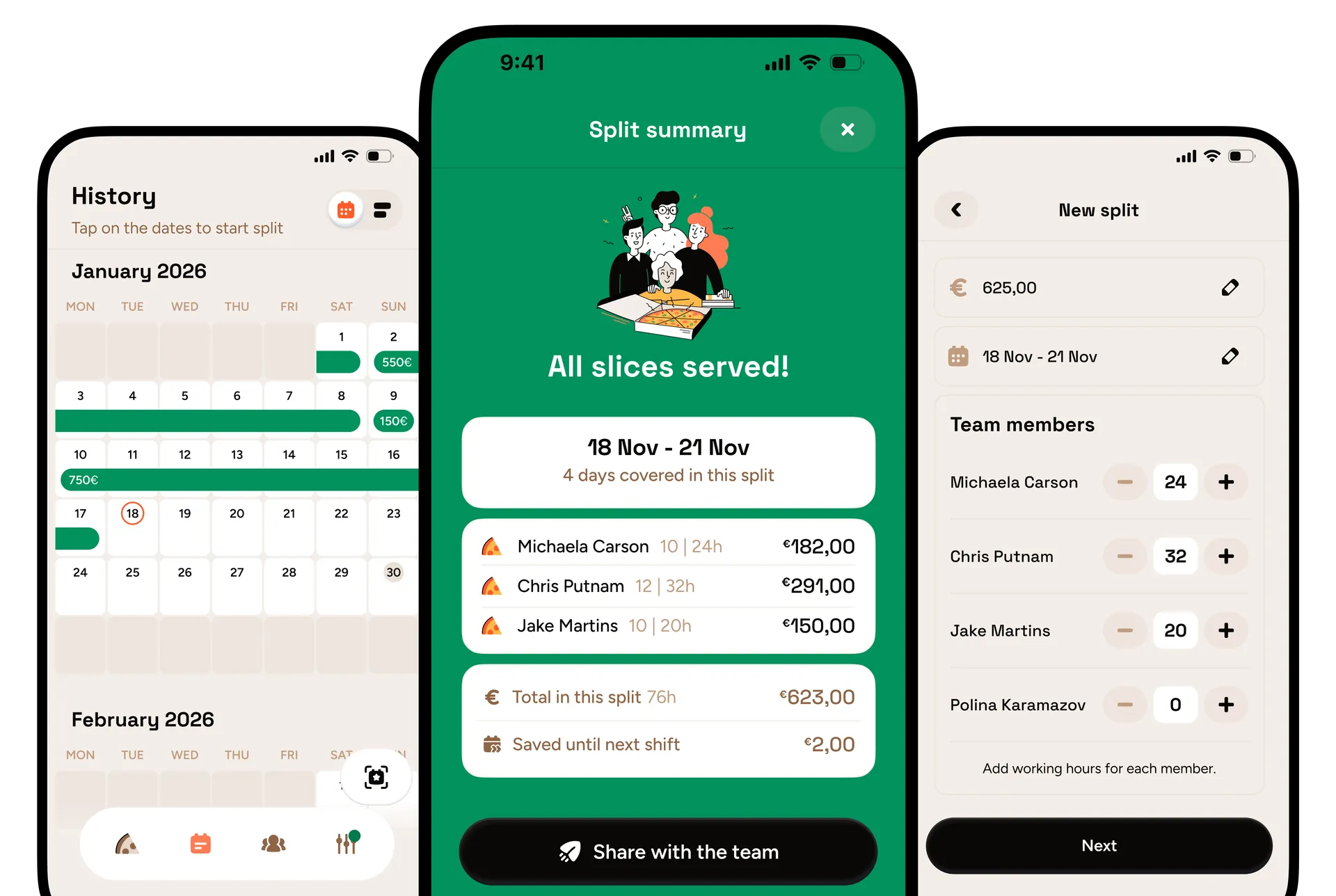 Three Tipza screens: History, Split summary, and New split.