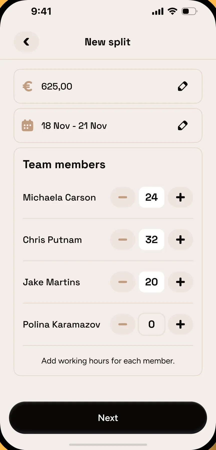 The New split screen: a total of 625 euros, the dates 18 to 21 November and four team members with their hours.