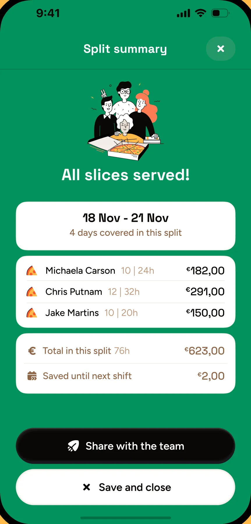 The Split summary screen on green: All slices served, with each team member's share and the total.