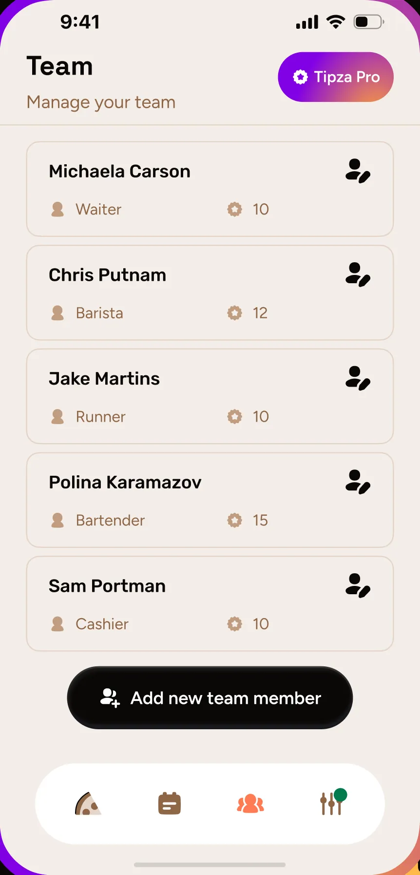 The Team screen with the Tipza Pro badge at the top right, listing five team members with their roles and points.